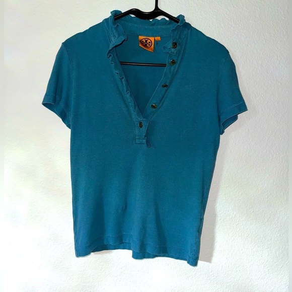 Tory Burch- ruffle lidia polo size xs- Pima cotton- button down- Blue - Picture 2 of 5